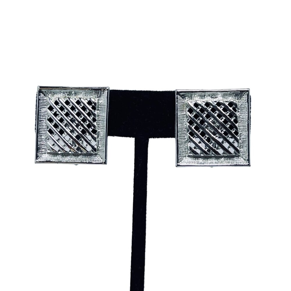 Sarah Coventry Silver Tone Square Lattes Clip On Earrings (5507)